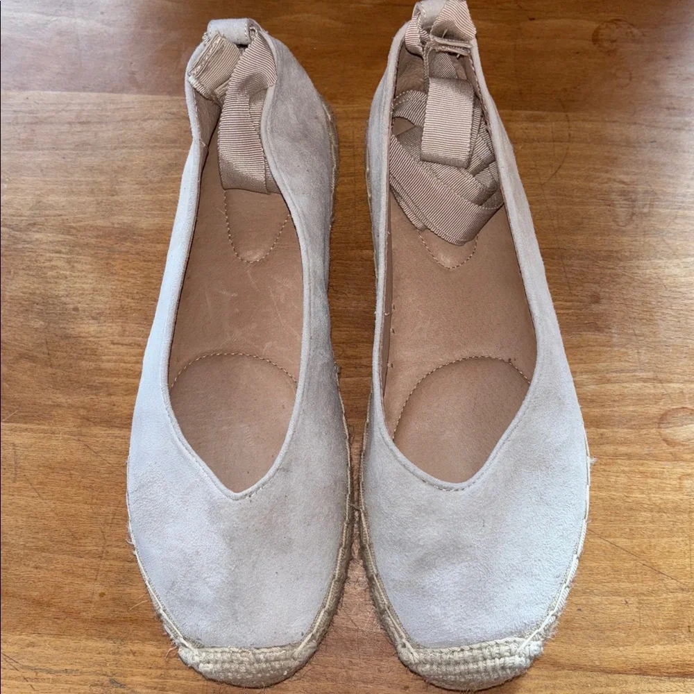 J. Jill Elegant Cream Suede Leather Flat Espadrilles, Ankle Tie Ribbon, NWOT